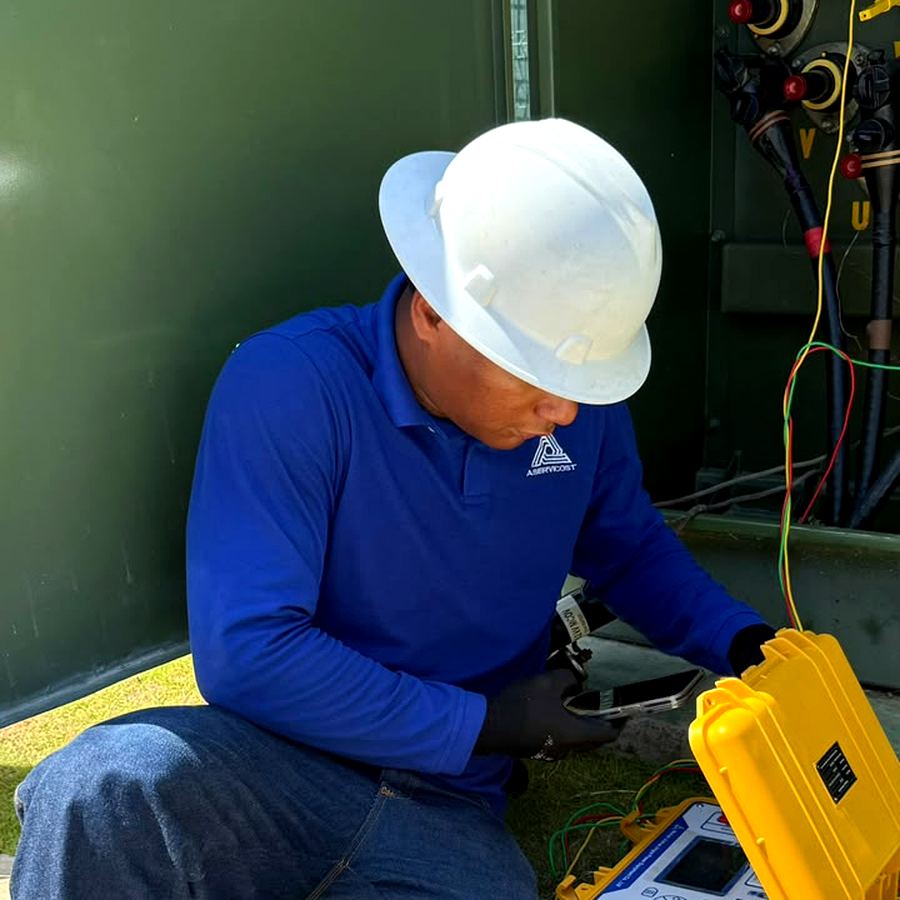 Técnico con equipo de medición junto a transformador